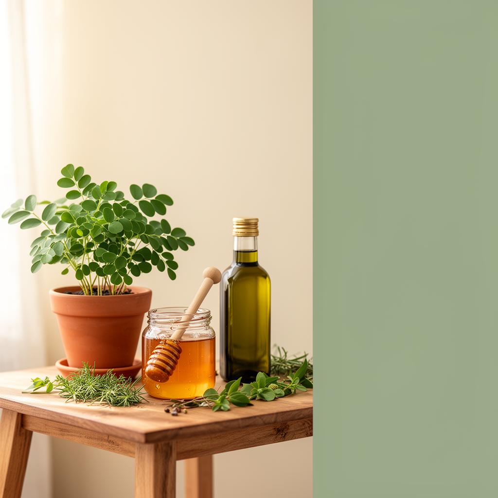 Productos naturales: moringa, miel, aceite de oliva y hierbas frescas